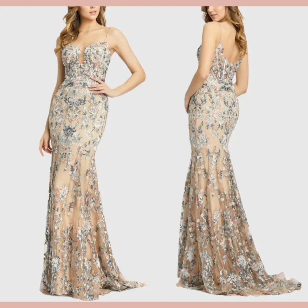 NWT $798 Mac Duggal [ 14 ] 79313 Embroidered Spaghetti Strap Trumpet Gown #J1687 - Picture 2 of 14